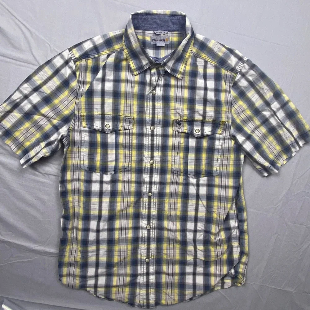 Carhartt Relaxed Fit Plaid Button Down Shirt Mens‎ Medium Yellow Blue Casual